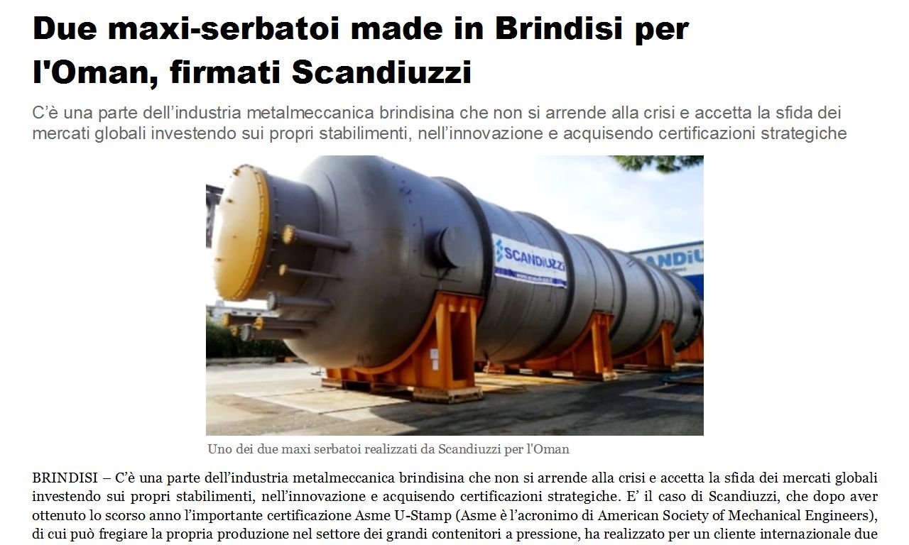 BRINDISIREPORT - Due maxi-serbatoi made in Brindisi per l'Oman , firmati Scandiuzzi